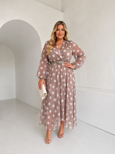 Sukienka LE CHIFFON zestaw rozmiarów 42-48 fango + ecru groch 