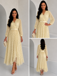 Sukienka LE CHIFFON zestaw rozmiarów 42-48 cytrynowy mini groch