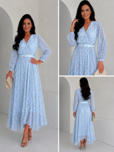 Sukienka LE CHIFFON zestaw rozmiarów 42-48 błękit mini groch